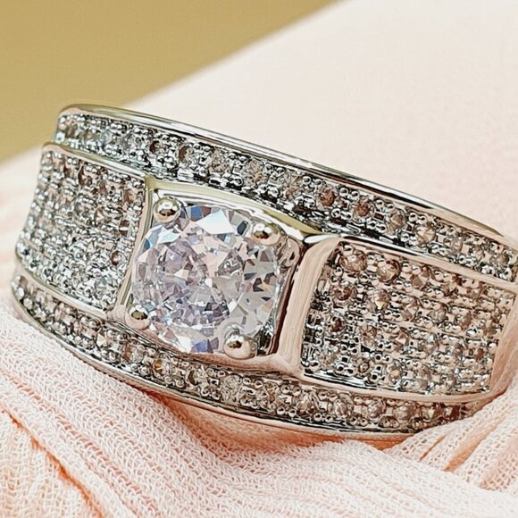 Jewelry - 💎 Glitter Zircon Full Filled Silver Chunky Wedding Ring for Man, INDN8362